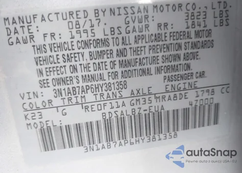 2017 Nissan Sentra S из США, поврежденный, VIN 3N1AB7AP6HY381358